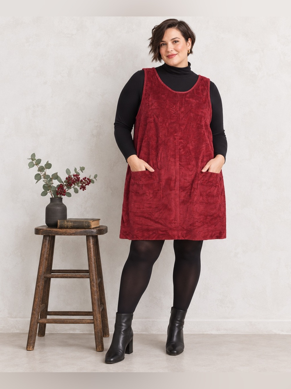 Vintage 90s Burgundy Corduroy Boxy Jumper Dress Pockets 1X
